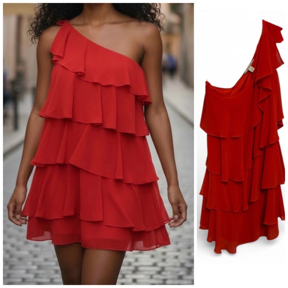 Boston Proper One-Shoulder Ruffle Dress in Red, Medium - Picture 2 of 7